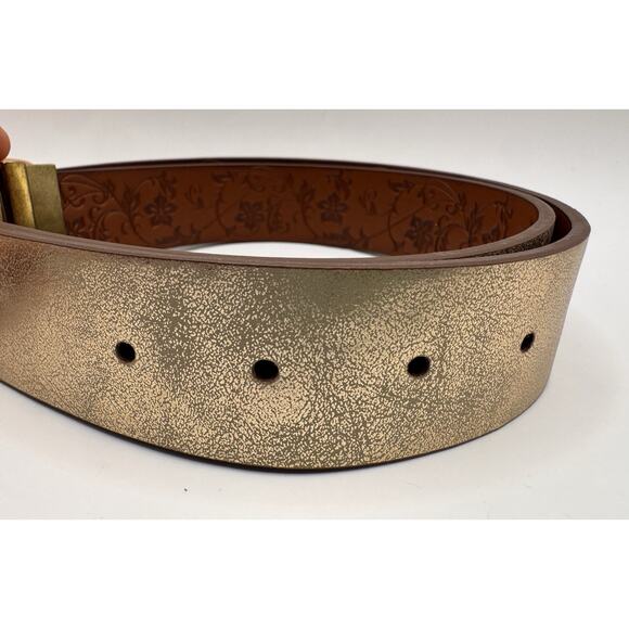 Reversible Brown Floral Embossed Leather Belt Metallic Gold Boho Brass Buckle
